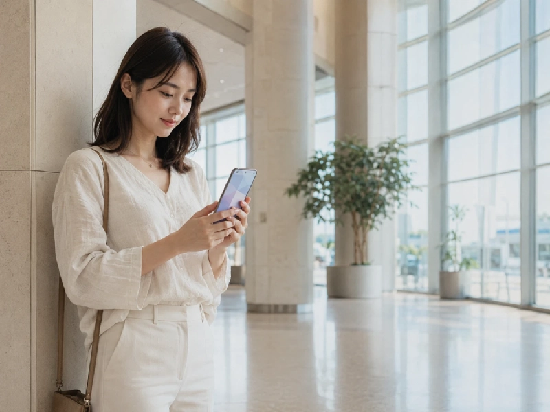 空港の到着ゲートを出てスマートフォンで地図や配車アプリを使う旅行者のイメージ