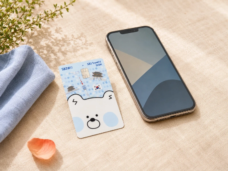 韓国旅行に持っていくスマートフォンとSBJ銀行トラベルKデビットを並べた持ち物のイメージ