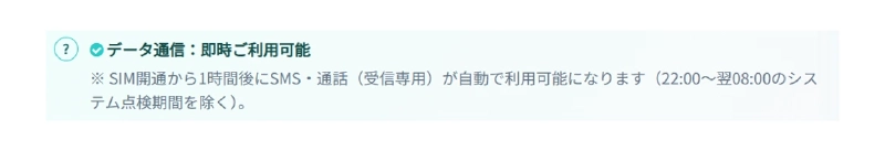 本人確認前の利用状態。データ通信は即時利用可能で、SMS・通話の受信は開通から1時間後に自動で使えるようになるという案内