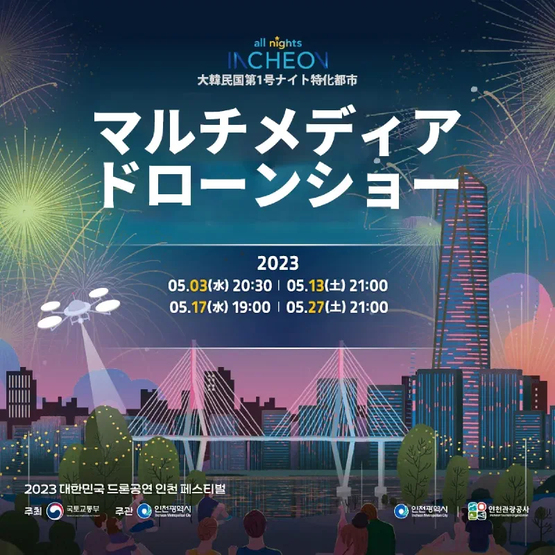 松島セントラルパークの夜景と融合したマルチメディアドローンショーのステージパフォーマンス