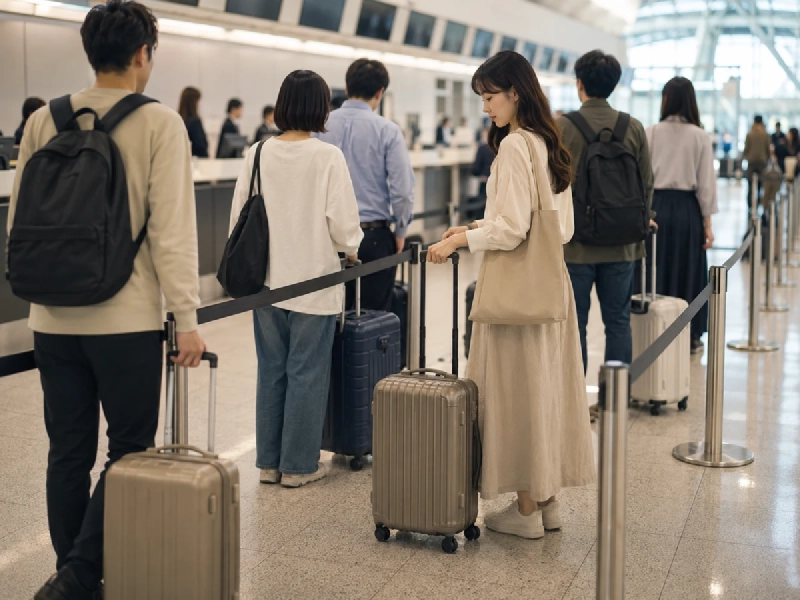 空港の出発ロビーでチェックイン待ちの列に並ぶ旅行者