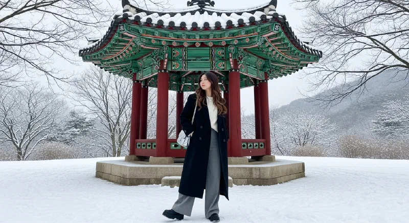 雪が積もった韓屋の伝統亭子と冬の山並みを背景に立つ観光客