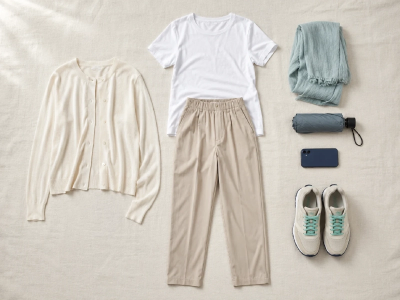 6月のソウル旅行向け服装コーデ(薄手カーディガン・アンクルパンツ・撥水スニーカー)の俯瞰