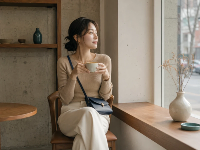 ソウルのおしゃれなカフェで写真を撮る韓国旅行コーデのイメージ